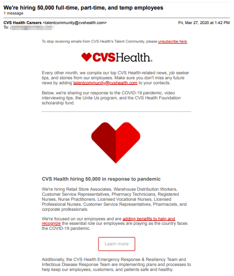 cvs health coronavirus email recruitment example
