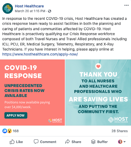 host healthcare coronavirus social media recruitment example 2