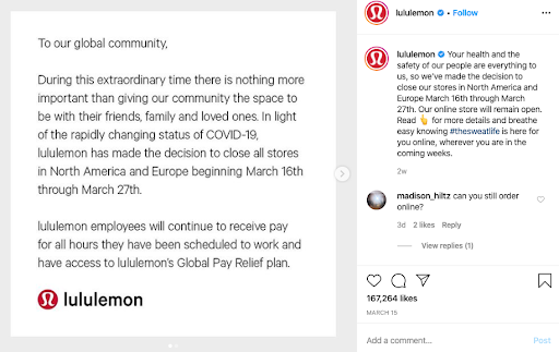 lululemon coronavirus social media recruitment example