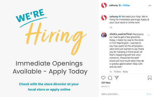 safeway coronavirus social media recruitment example