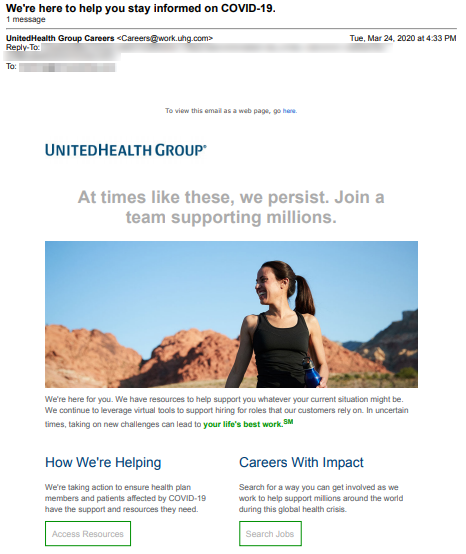 unitedhealth group coronavirus email recruitment example