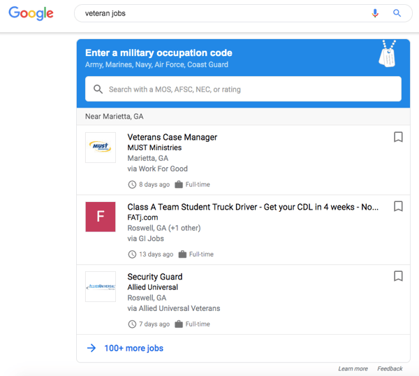 veteran recruiting google military skills translator job search